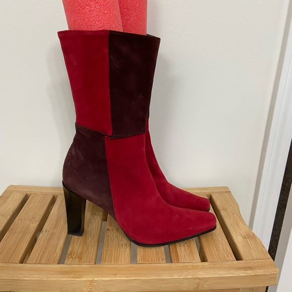 Stuart Weitzman Two-Tone Red and Brown Suede Mid-Calf Block Heel Zip Boots Rare